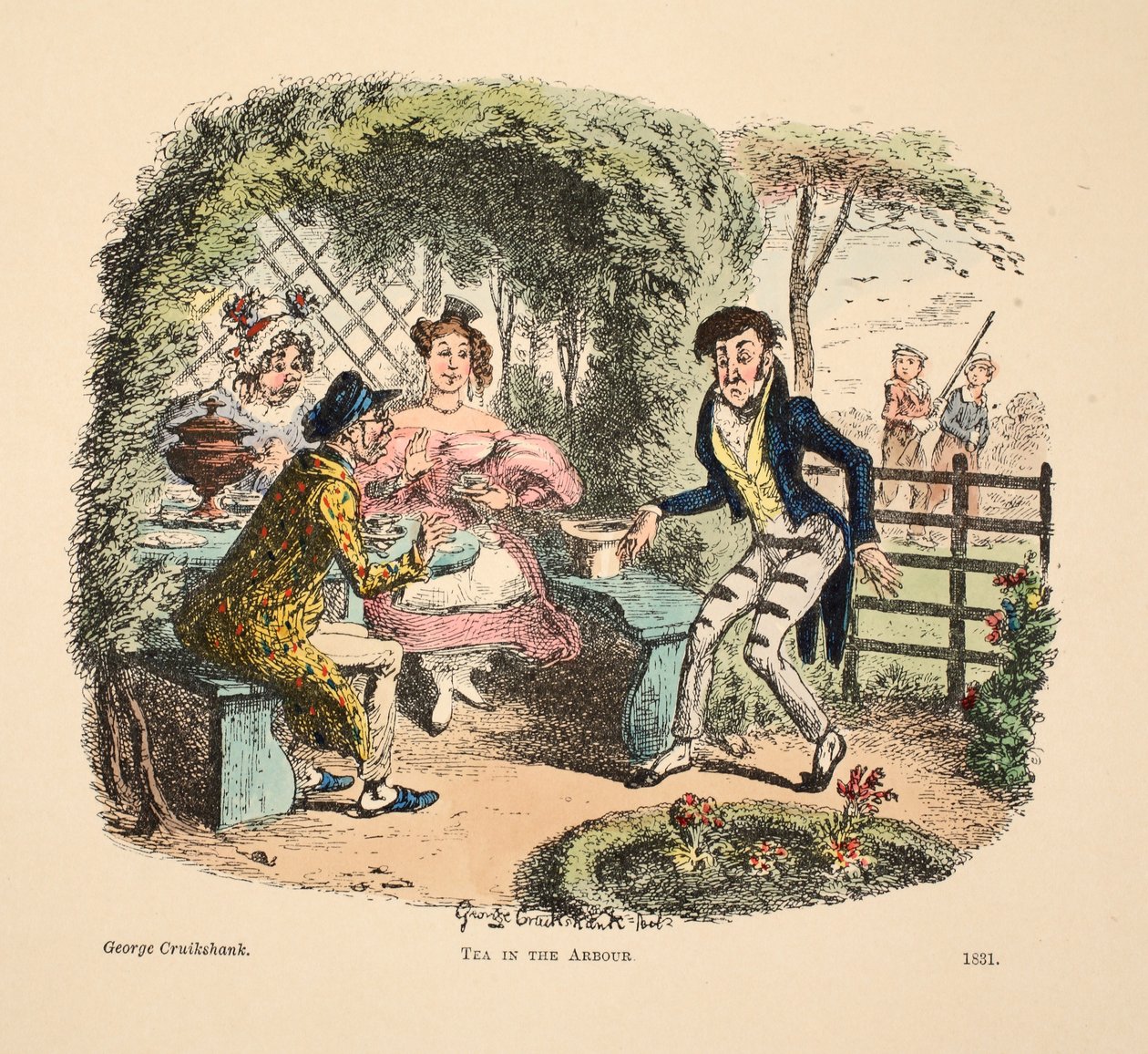 Herbata w altanie, wyd. 1831 (grawerowanie ręcznie kolorowane) autorstwa George Cruikshank