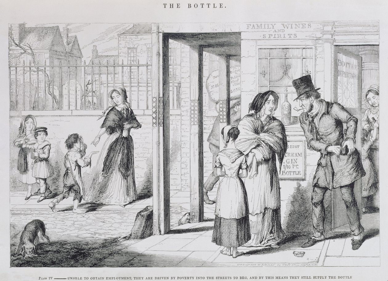Butelka, ilustracja IV, Nie mogąc znaleźć pracy, bieda wypędza ich na ulice żebrać i tym sposobem wciąż dostarczają butelkę, 1847 autorstwa George Cruikshank