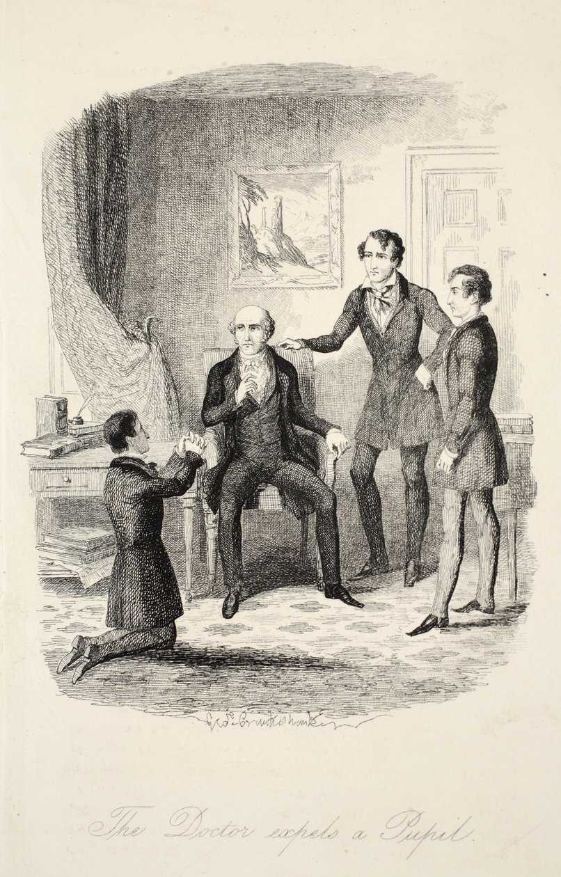 Doktor wyrzuca ucznia, z Franka Fairleigha lub Sceny z życia prywatnego ucznia, wyd. ok. 1870 r autorstwa George Cruikshank