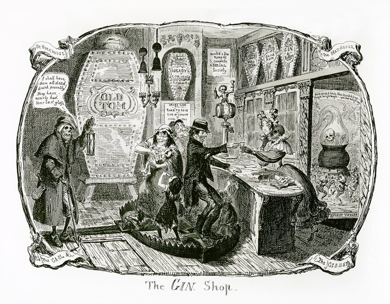 Sklep z ginem, 1829 autorstwa George Cruikshank
