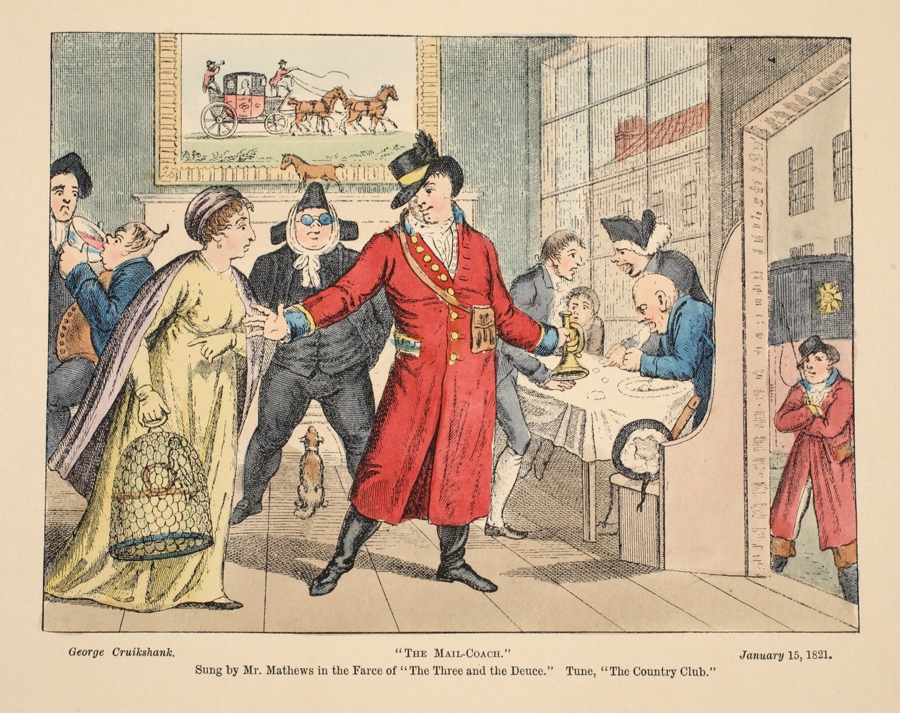 Trener pocztowy, śpiewany przez pana Mathewsa w farsie trójki i dwójki. Tune, The Country Club, wyd. 1821 (grawerowanie ręcznie kolorowane) autorstwa George Cruikshank
