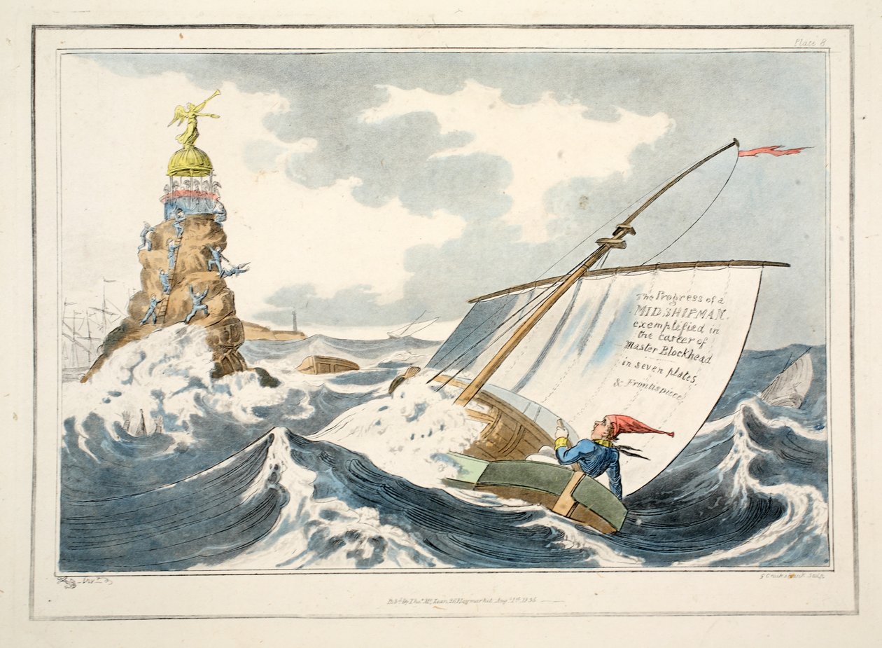 Postępy kadeta na przykładzie kariery Mistrza Blockheada na siedmiu płytach i Frontispiece, 1835 (ręcznie barwiony grawerunek) autorstwa George Cruikshank