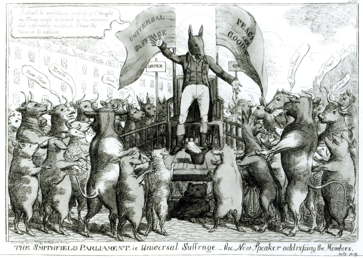 The Smithfield Parliament: Universal Suffrage, opublikowane przez Thomasa Tegga, lipiec 1819 r. autorstwa George Cruikshank