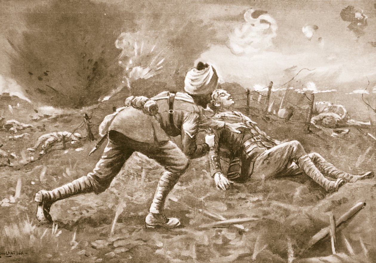 Lance-Naik Lala przenosi rannego oficera, którego znalazł leżącego w pobliżu wroga, do schronu i tam opatruje mu rany. autorstwa George Derville Rowlandson