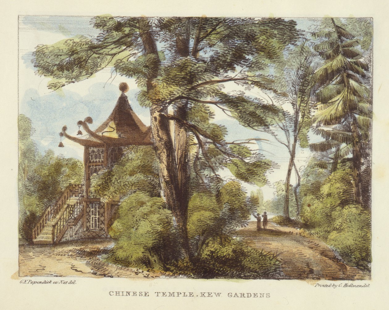 Chińska Świątynia, Kew Gardens, tablica 13 z „Kew Gardens: A Series of Twenty-Four Drawings on Stone”, grawerowana przez Charlesa Hullmandela (1789-1850) opublikowana w 1820 r. (litografia ręcznie kolorowana) autorstwa George Ernest Papendiek