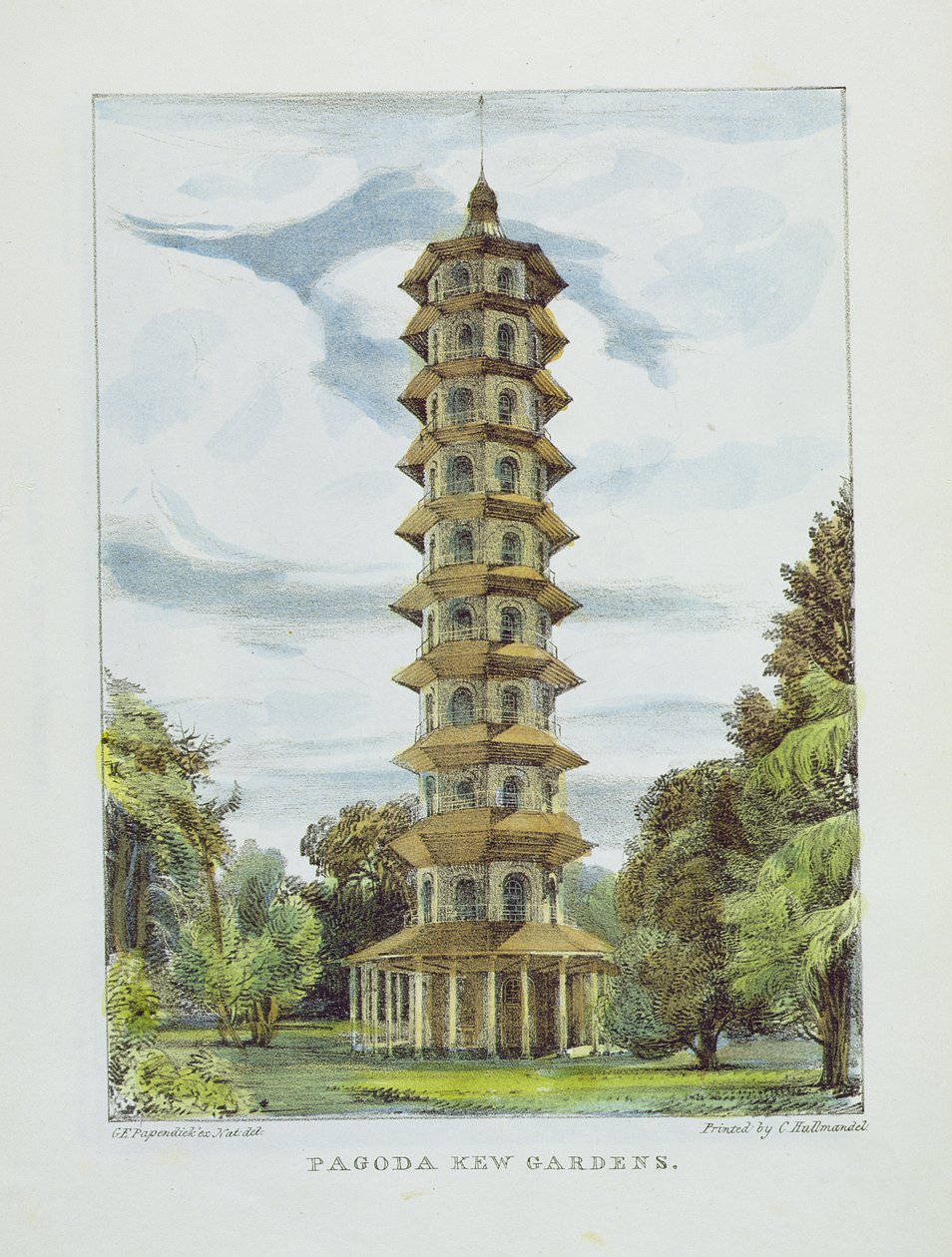 Pagoda, Kew Gardens, tablica 9 z „Kew Gardens: A Series of Twenty-Four Drawings on Stone”, rytowana przez Charlesa Hullmandela (1789-1850) wydana w 1820 r. (litografia ręcznie kolorowana) autorstwa George Ernest Papendiek