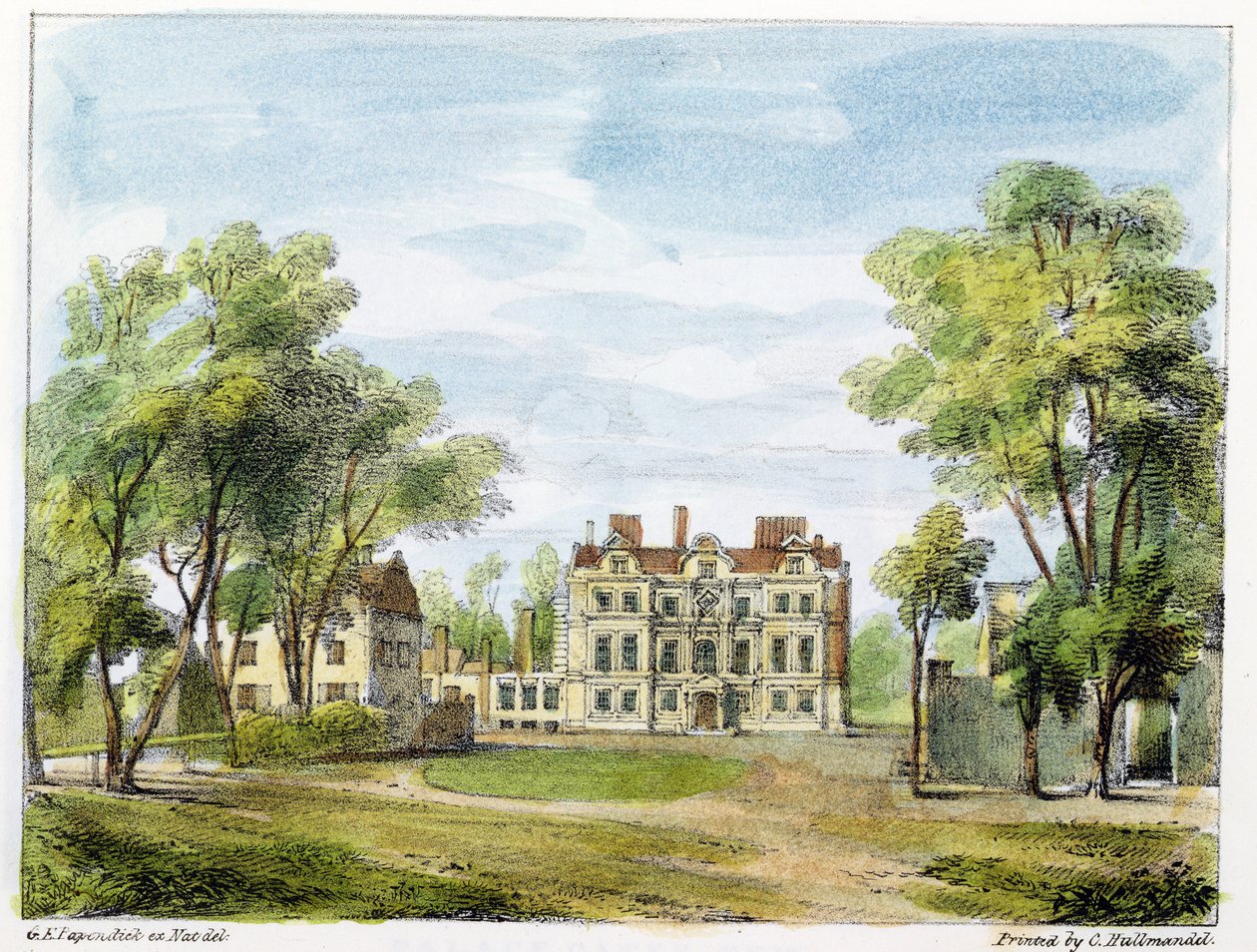 South Front, Old Palace, Kew Gardens, tablica 2 z „Kew Gardens: A Series of Twenty-Four Drawings on Stone”, rytowana przez Charlesa Hullmandela (1789-1850) opublikowana w 1820 r. (litografia ręcznie kolorowana) autorstwa George Ernest Papendiek