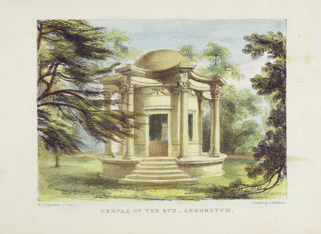 Świątynia Zwycięstwa, Kew Gardens, tablica 19 z „Kew Gardens: A Series of Twenty-Four Drawings on Stone”, ryt. Charles Hullmandel (1789-1850) wydana w 1820 r. (litografia ręcznie kolorowana) autorstwa George Ernest Papendiek