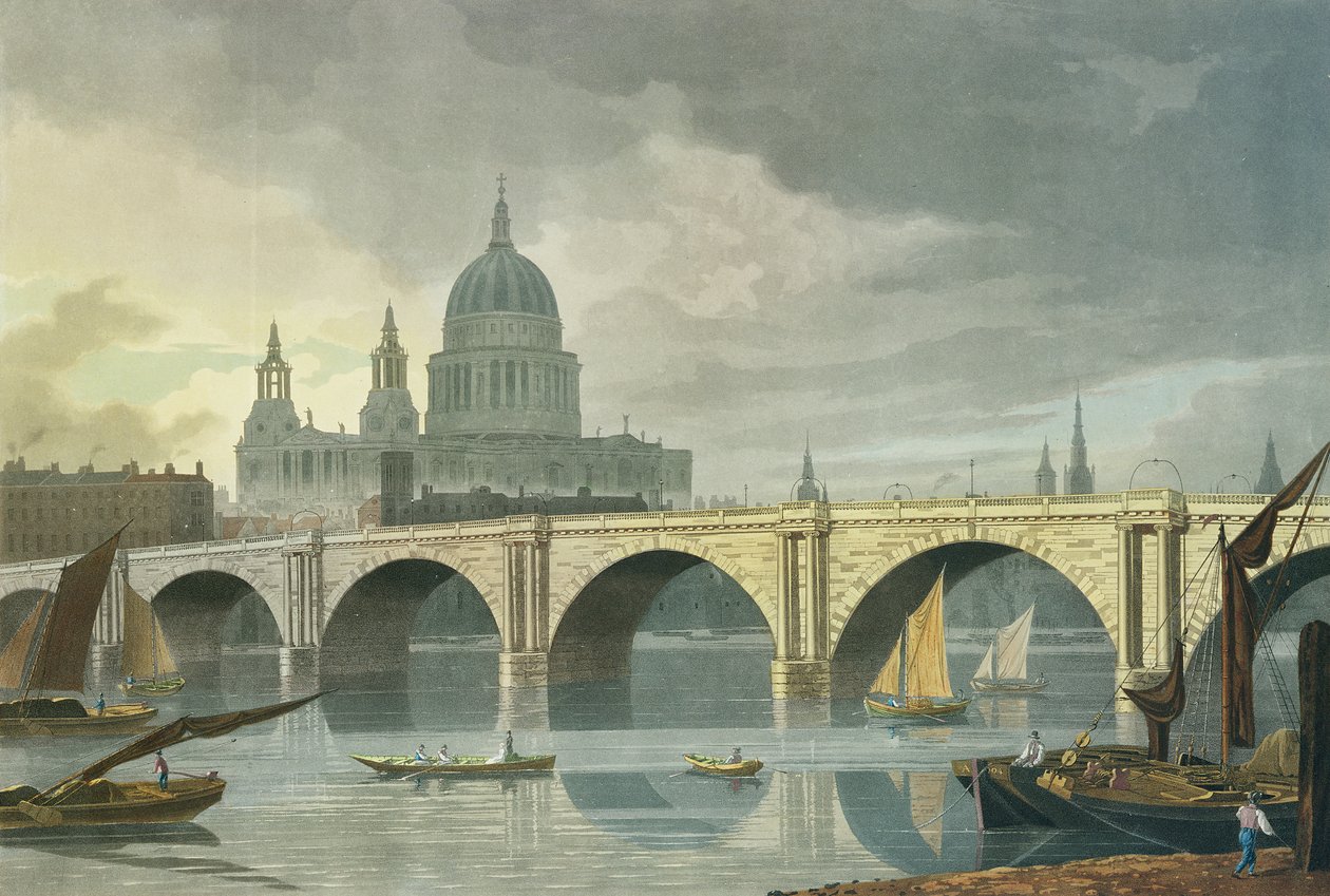 Widok na południowy zachód katedry św. Pawła i mostu Blackfriars, 1810 (kolorowe grawerowanie) autorstwa George Fennel Robson