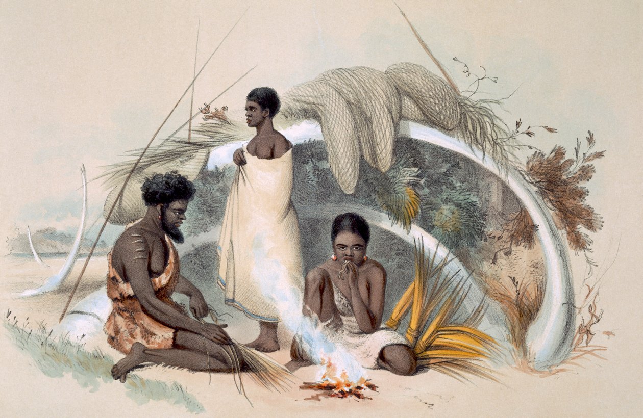 Rdzenni mieszkańcy Encounter Bay, wykonujący sznur do sieci rybackich w chacie uformowanej z żeber wieloryba, z publikacji „South Australia Illustrated”, wydanej w 1847 r. (rycina ręcznie kolorowana) autorstwa George French Angas