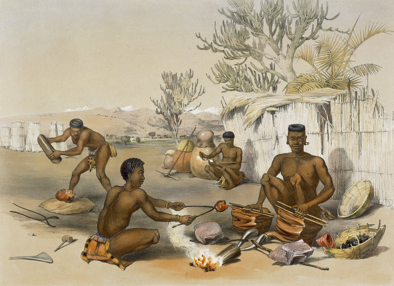 Zulu Blacksmiths at Work, płyta 23 z „The Kafirs Illustrated”, 1849 autorstwa George French Angas