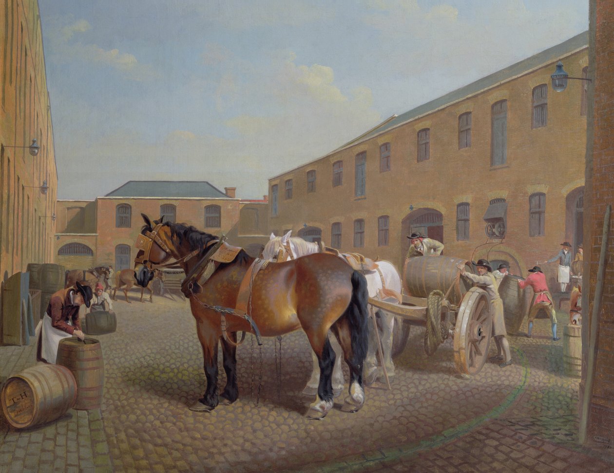 Ładowanie Drays w Whitbread Brewery, Chiswell Street, Londyn, 1783 autorstwa George Garrard