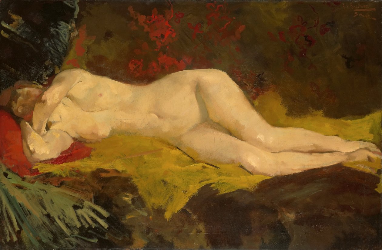 Anne, leżąca naga na żółtym płótnie. autorstwa George Hendrik Breitner