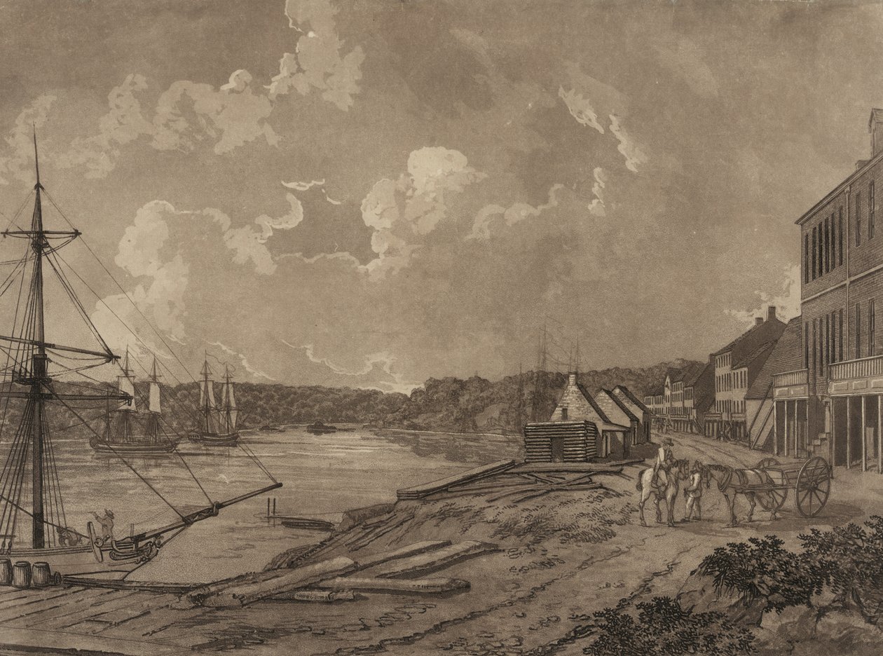 Widok na przedmieścia Waszyngtonu (nabrzeże Georgetown), ok. 1795 (akwatinta) autorstwa George Isham Parkyns