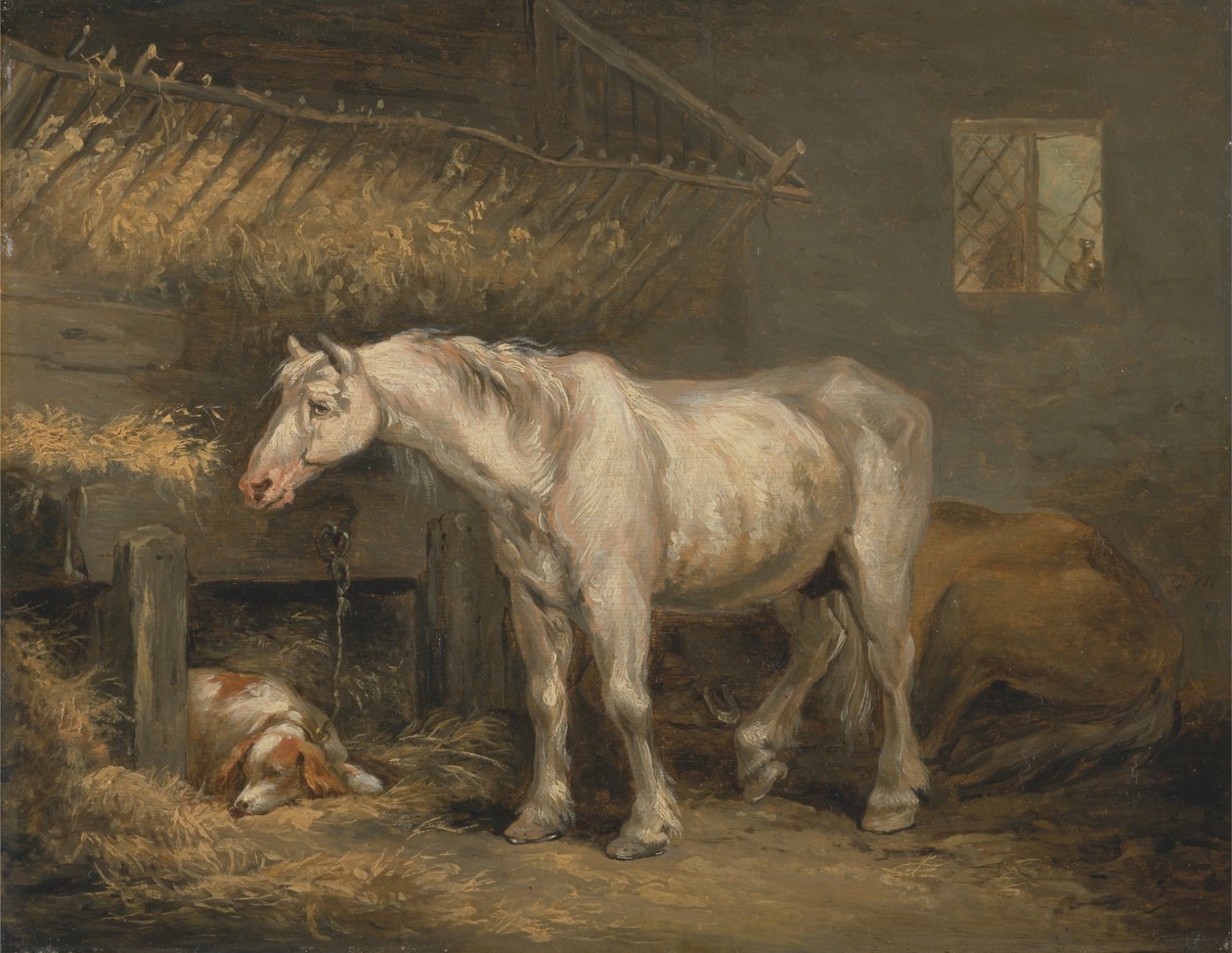 Stare konie z psem w stajni autorstwa George Morland