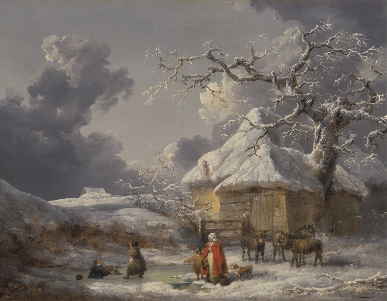 Zimowy krajobraz z postaciami autorstwa George Morland