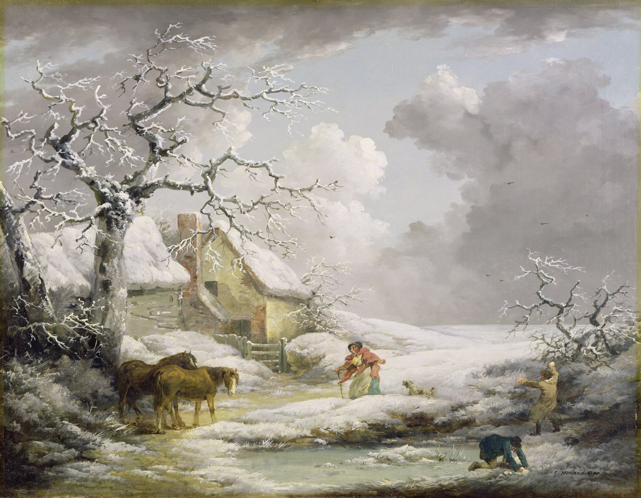 Zimowy pejzaż z mężczyznami śnieżkami starej kobiety, 1790 autorstwa George Morland