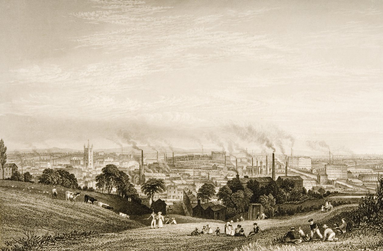 Ogólny widok Stockport, Lancashire przedstawiający zakłady bawełniane, wydany przez J.C. Varrall (fl.1815-27) lata 30-te XIX w. autorstwa George Pickering