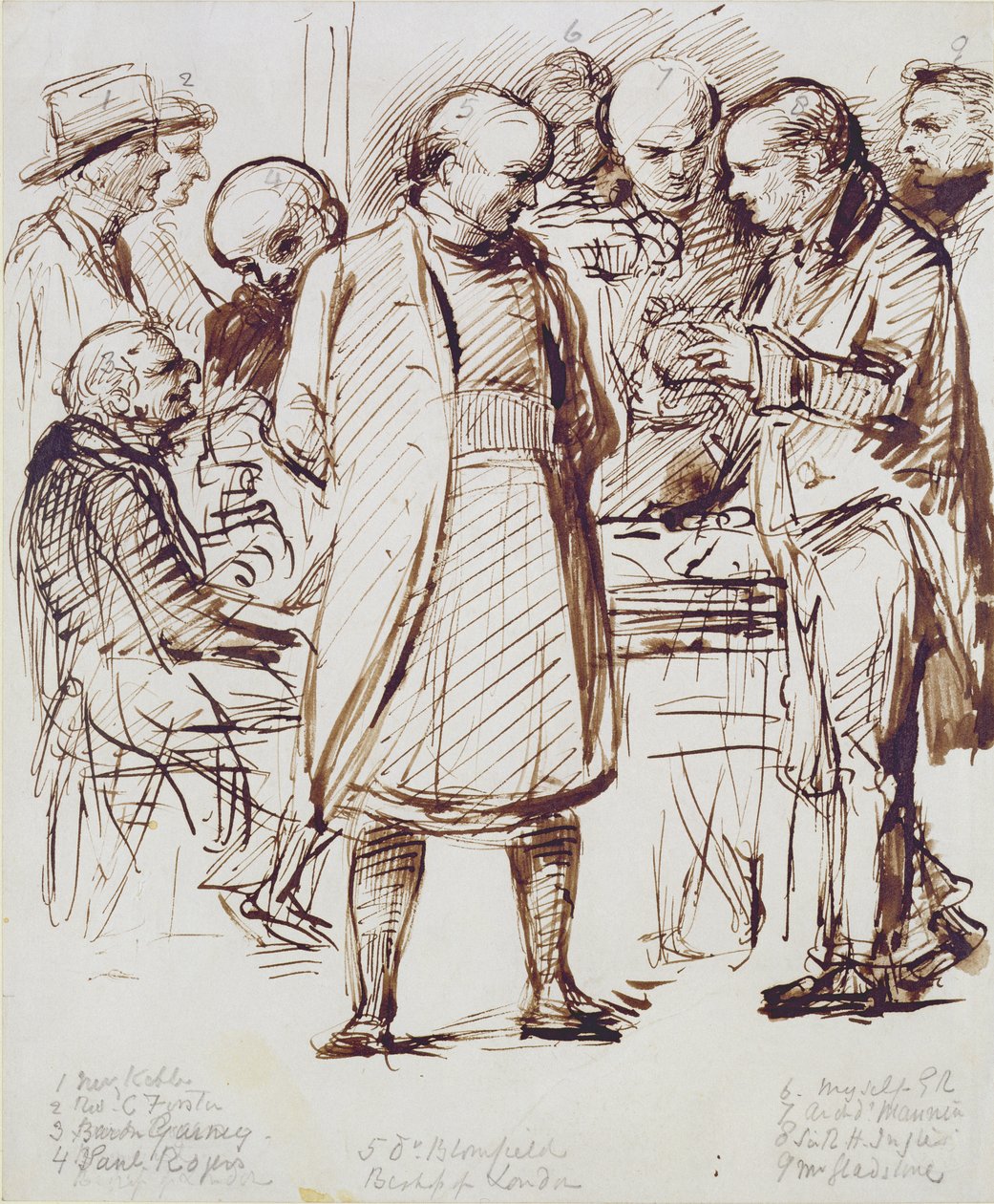 Grupa duchownych i polityków, w tym John Keble (1792-1866) i William Gladstone (1809-98) w rozmowie z biskupem Londynu w Fulham Palace (pióro, brązowy atrament i kikut) autorstwa George Richmond