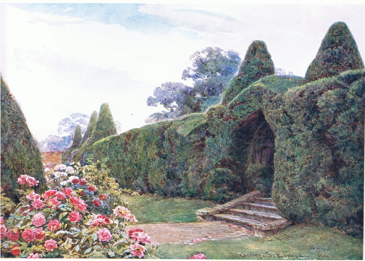 Łuk cisowy w Brickwall, Sussex, z The Gardens of England: In the Southern and Western Counties wydanego przez The Studio, 1907 autorstwa George Samuel Elgood