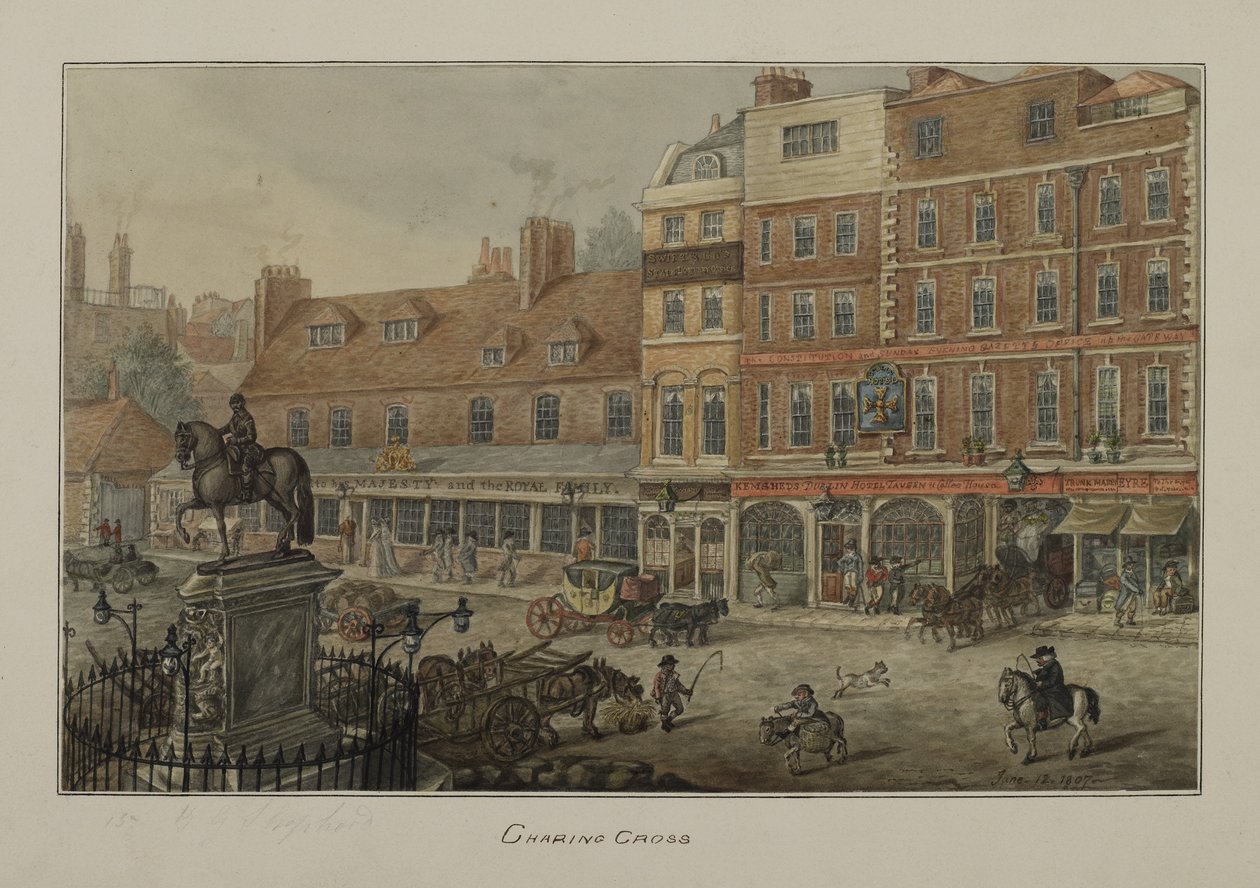 Widok Charing Cross przedstawiający pojazdy konne, figury i Dublin Hotel Tavern and Coffee House, 1807 (wc na papierze) autorstwa George Shepherd
