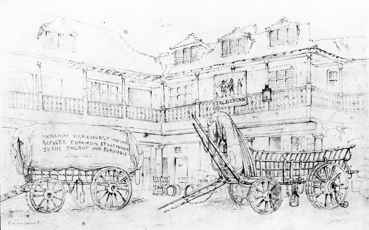 Podwórze gospody Talbot Inn, Southwark, 1810 r. autorstwa George Shepherd