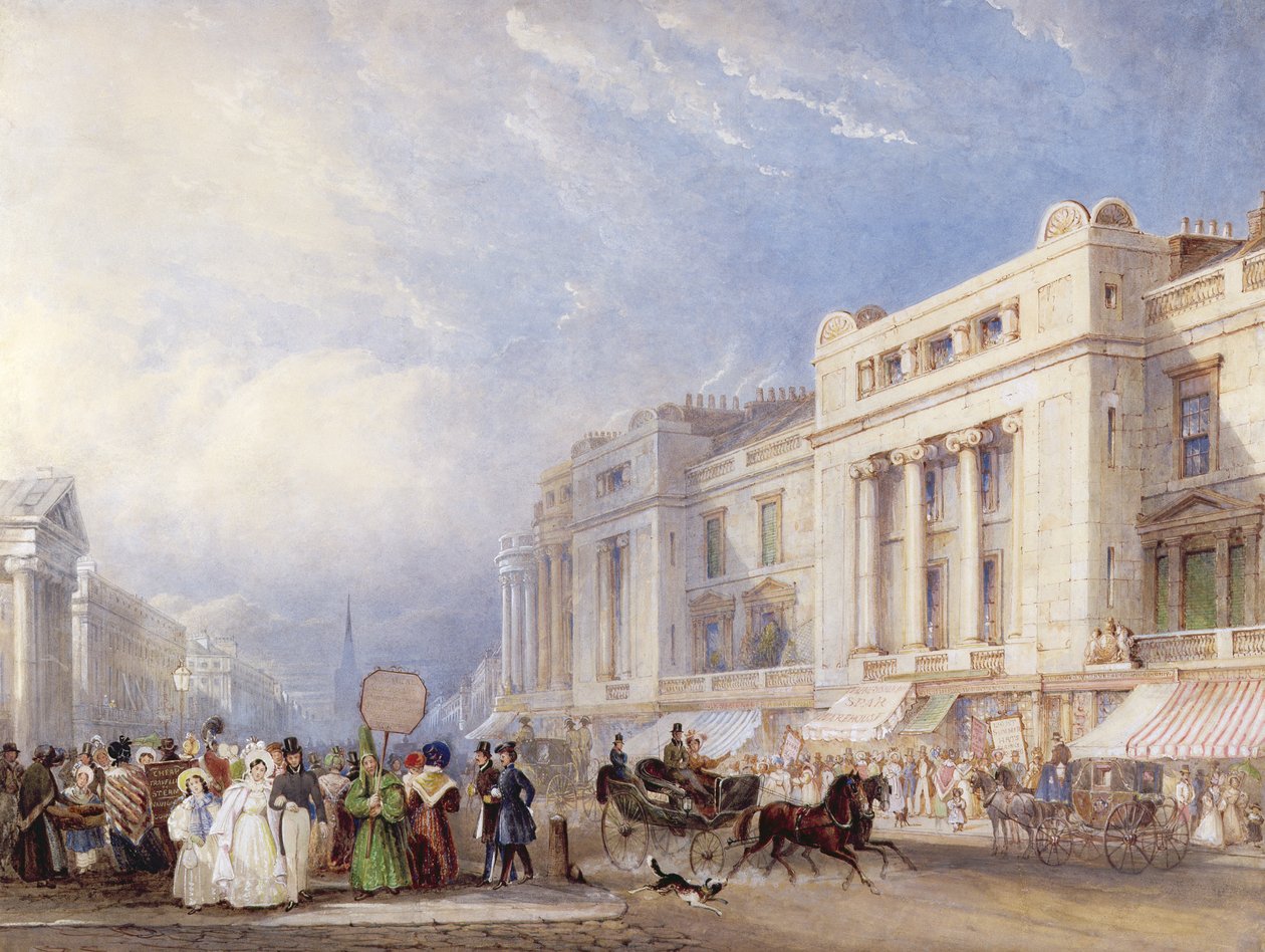 Regent Street, Londyn, patrząc na północ, z Dickinsem i Jonesem po prawej stronie i Kaplicą Hanovera po lewej, 1835 (wc i gwasz nad ołówkiem) autorstwa George Shepherd