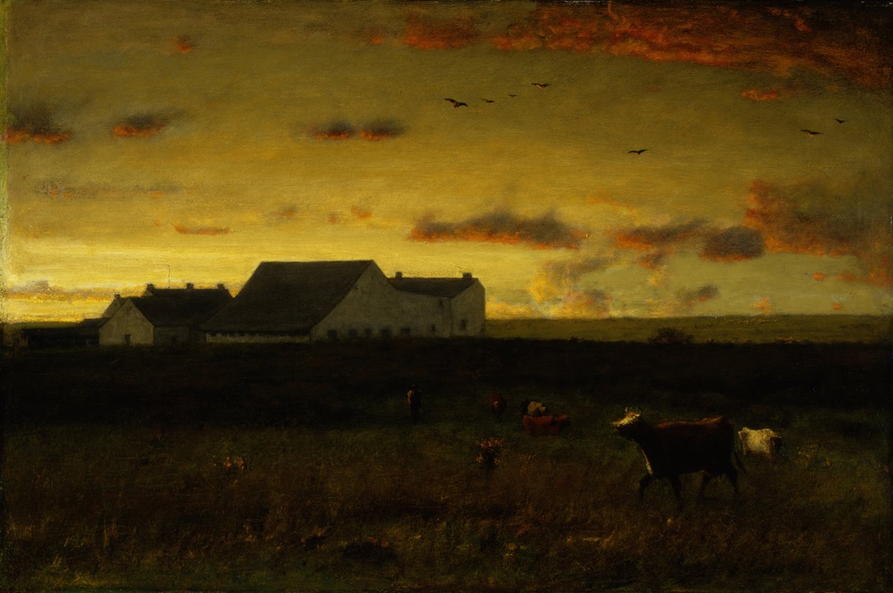 Krajobraz farmy, Bydło na pastwisku, Zachód słońca, Nantucket, ok. 1883 r. autorstwa George Inness