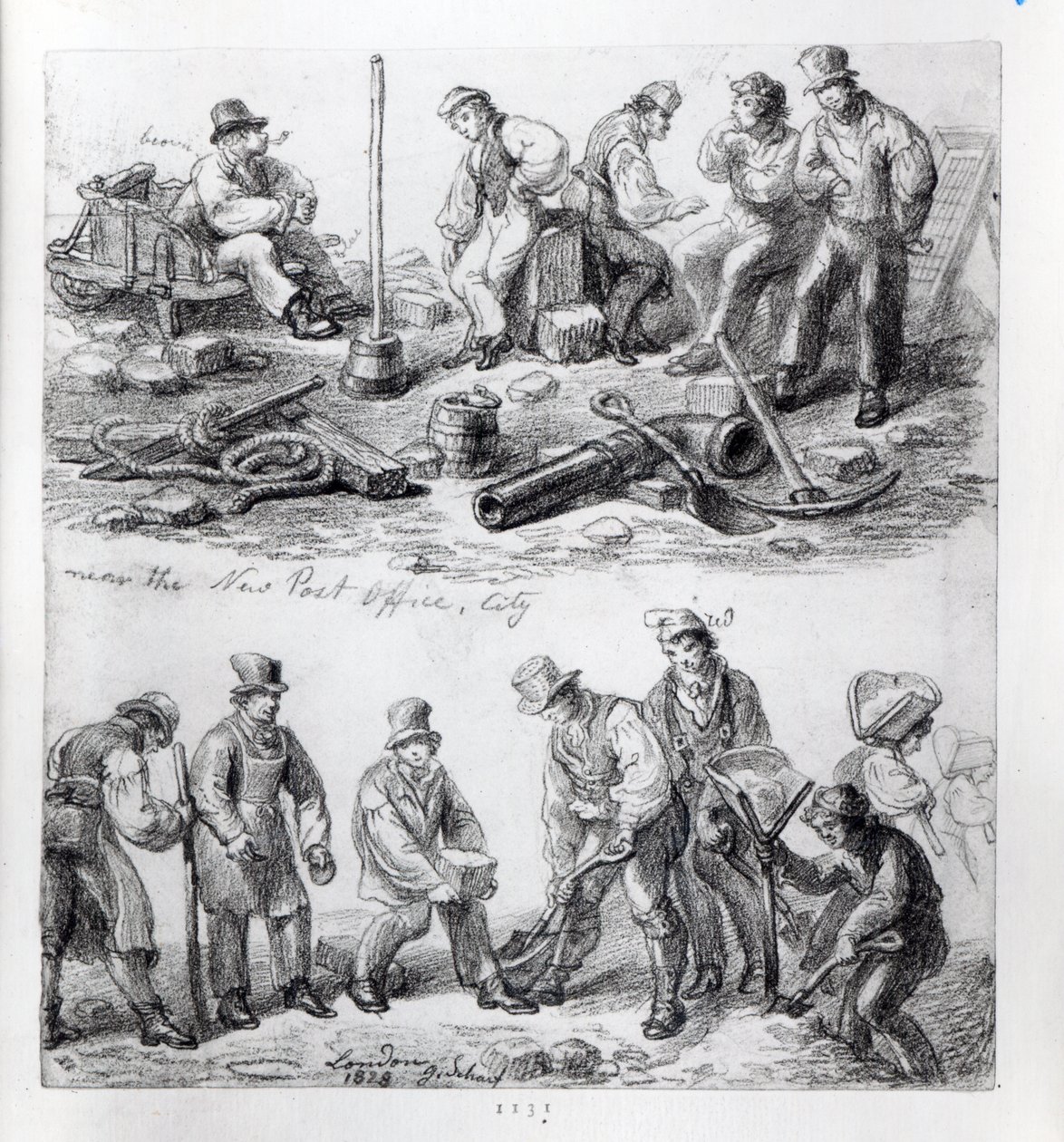 Robotnicy w pobliżu Nowej Poczty w The City, Londyn, 1828 r. autorstwa George Snr Scharf