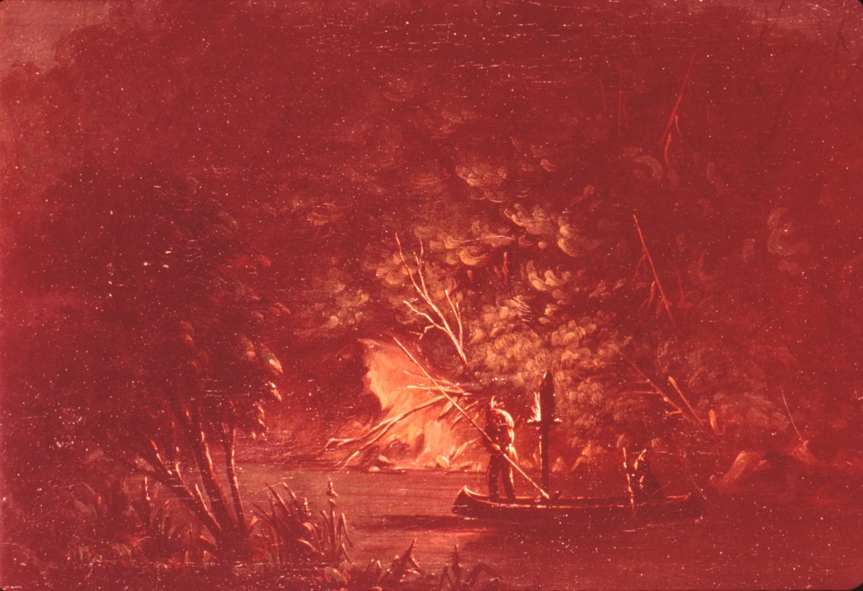 Ojibwe łowiący łososia przy świetle pochodni autorstwa George Catlin