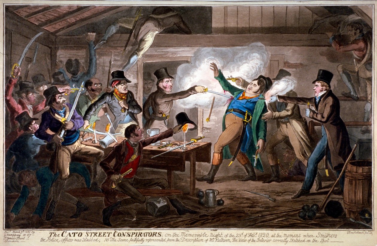 „Spiskowcy z ulicy Cato...”, 1820 autorstwa George Cruikshank