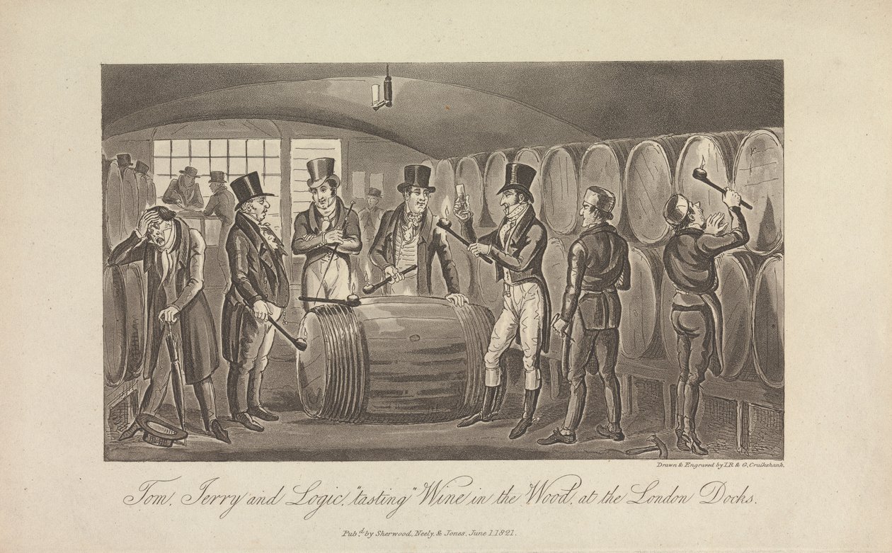 Tom, Jerry i Logic „degustują” wino… autorstwa George Cruikshank