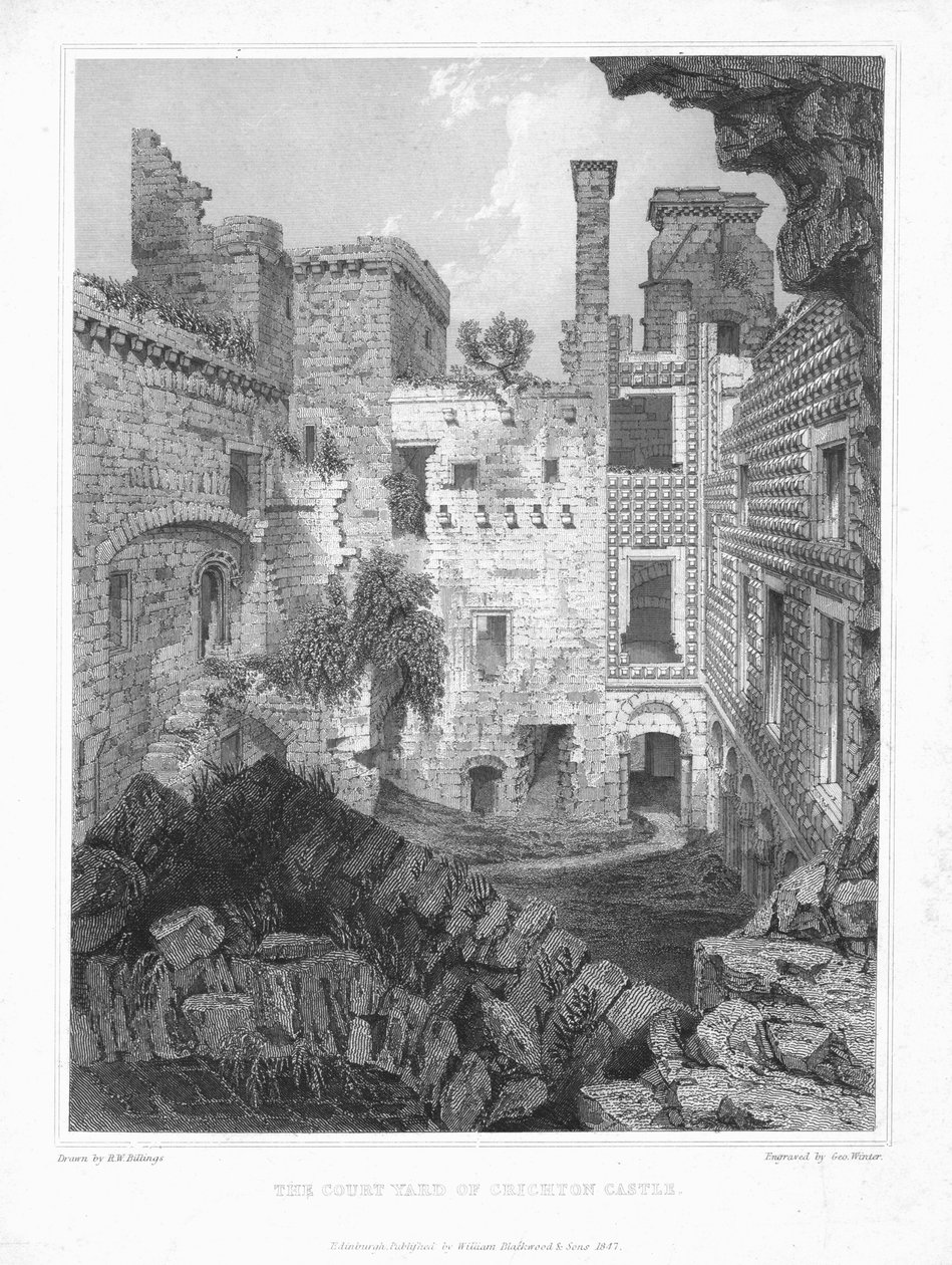 Dziedziniec zamku Crichton, ok. 1847 r. autorstwa George Winter