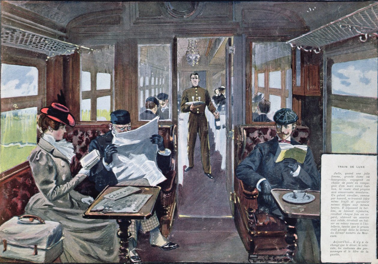 Wagon restauracyjny w luksusowym pociągu, autorstwa Georges Bertin Scott