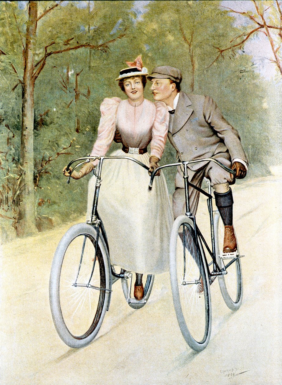 Para jedzie na rowerze, 1893 (kolorowy grawerunek) autorstwa Georges Debrock