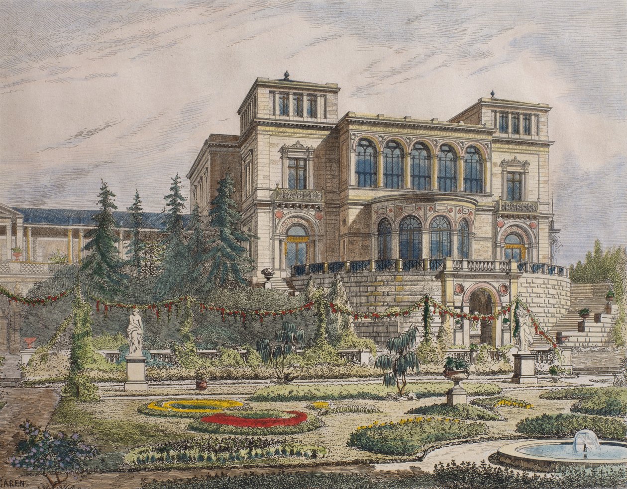 Zamek koło Stuttgartu, fasada werandy, ilustracja z „Le Moniteur des architectes”, 1881 (kolorowe grawerowanie) autorstwa Georges Felix Garen