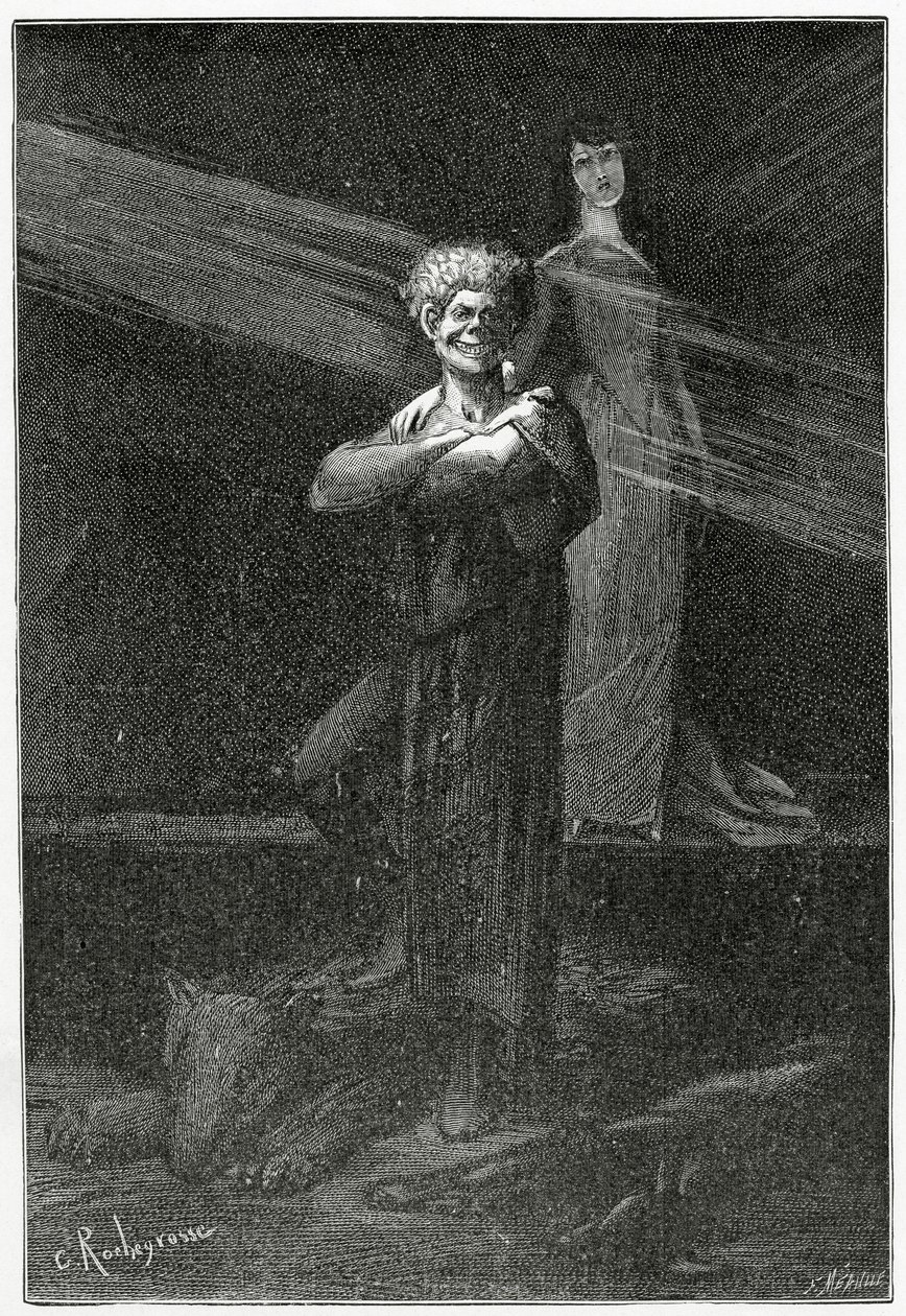 Pokonany chaos - ilustracja z Laughing Man, XIX wiek (grawerunek bw) autorstwa Georges Marie Rochegrosse