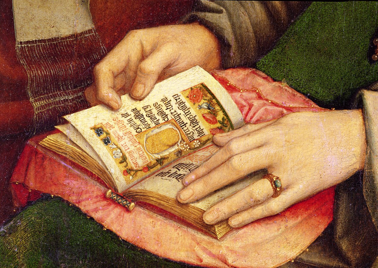 Dziewica z Dzieciątkiem ze świętymi, fragment otwartej księgi, ok.1509 autorstwa Gerard David