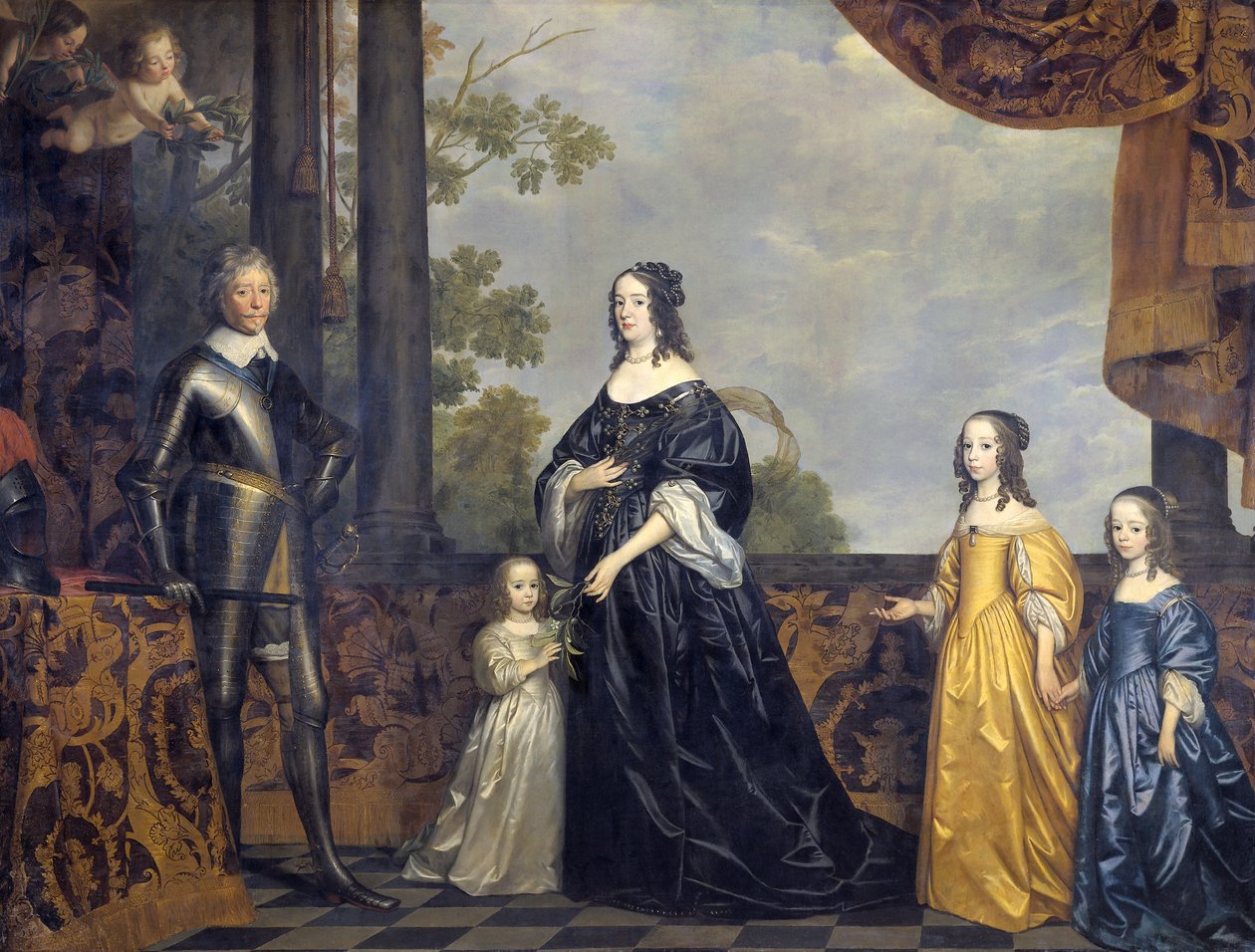 Portret zbiorowy Fryderyka Henryka, księcia Orańskiego (1584-1647), Amalii Solms-Braunfels (1602-1675) i ich trzech najmłodszych córek autorstwa Gerrit van Honthorst