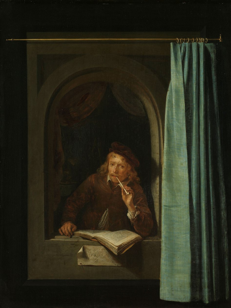 Mężczyzna pali fajkę. Autoportret, 1650. autorstwa Gerrit Dou