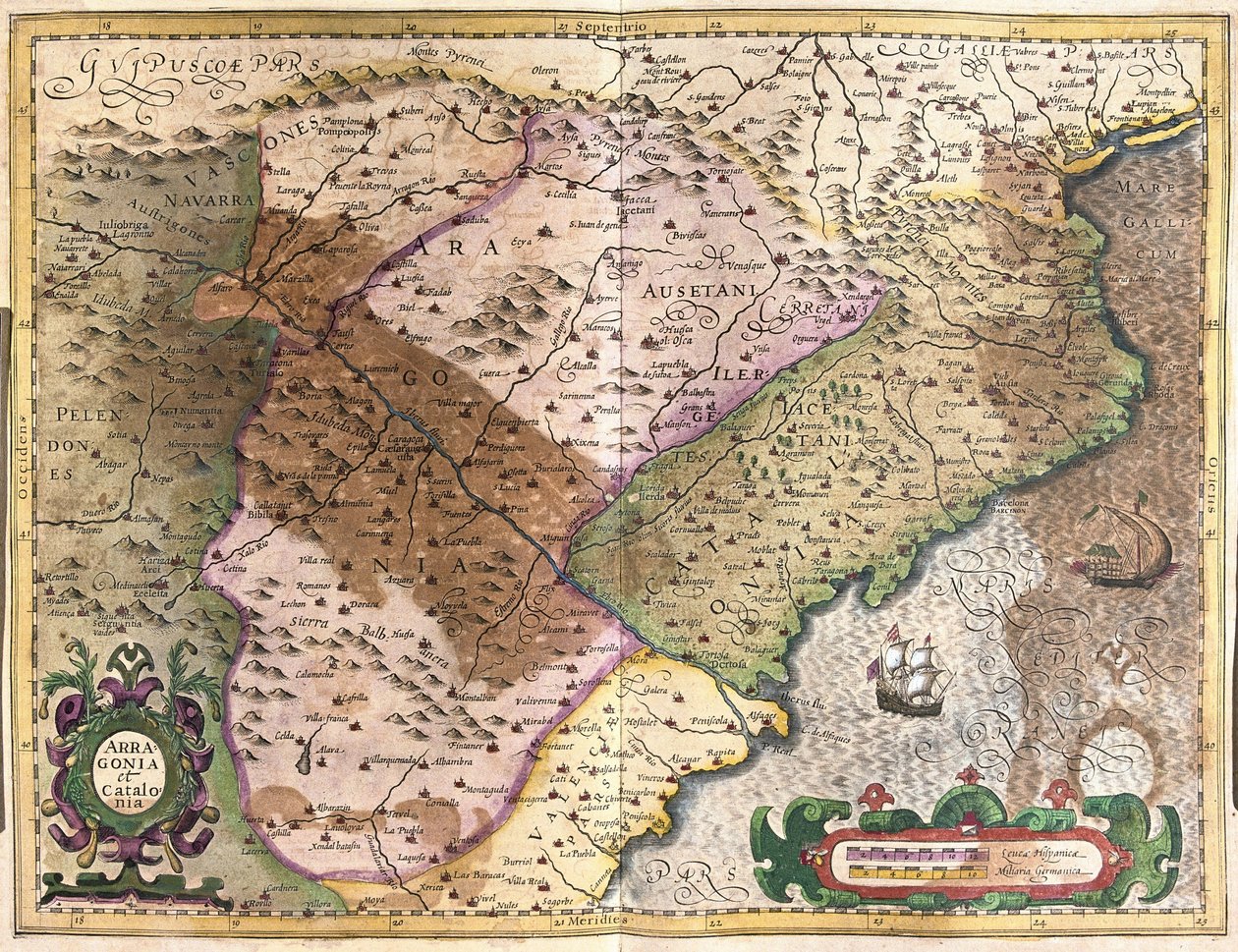 Aragonia i Katalonia, Hiszpania (grawerowanie autorstwa Gerardus Mercator