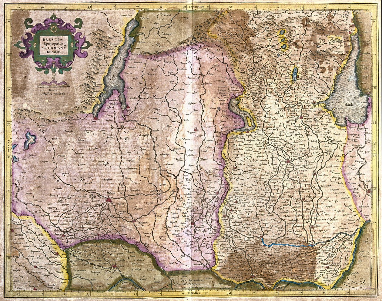 Brescia i Mediolan, Włochy (Grawerowanie autorstwa Gerardus Mercator