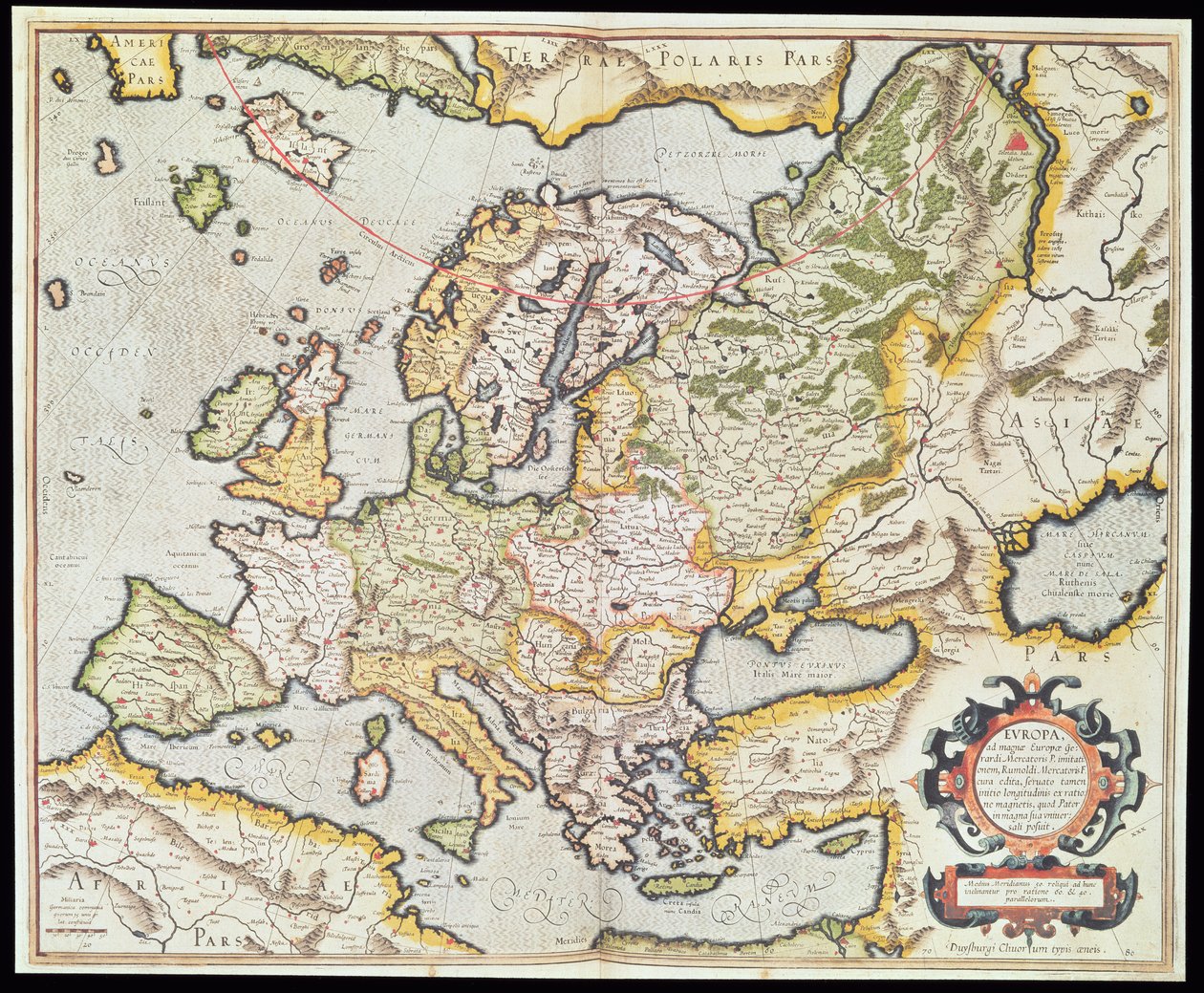 Mapa Europy, ok.1554 (kolorowy grawerunek) autorstwa Gerardus Mercator