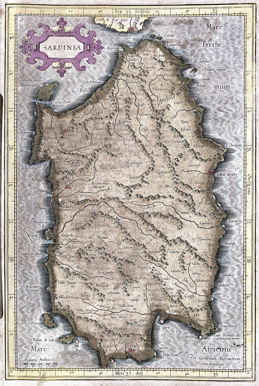 Sardynia, Włochy (grawerowanie autorstwa Gerardus Mercator