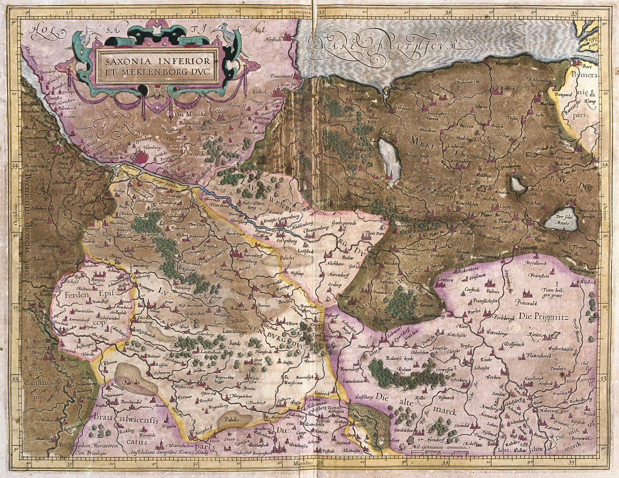 Saksonia i Meklemburgia, Niemcy (grawerowanie autorstwa Gerardus Mercator