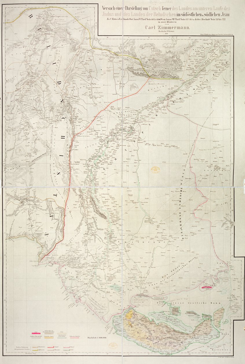 Mapa regionu Cutch w Indiach i jego granicy z sąsiednim Beludżystanem, autorstwa Carla Zimmermana, 1851 autorstwa German School