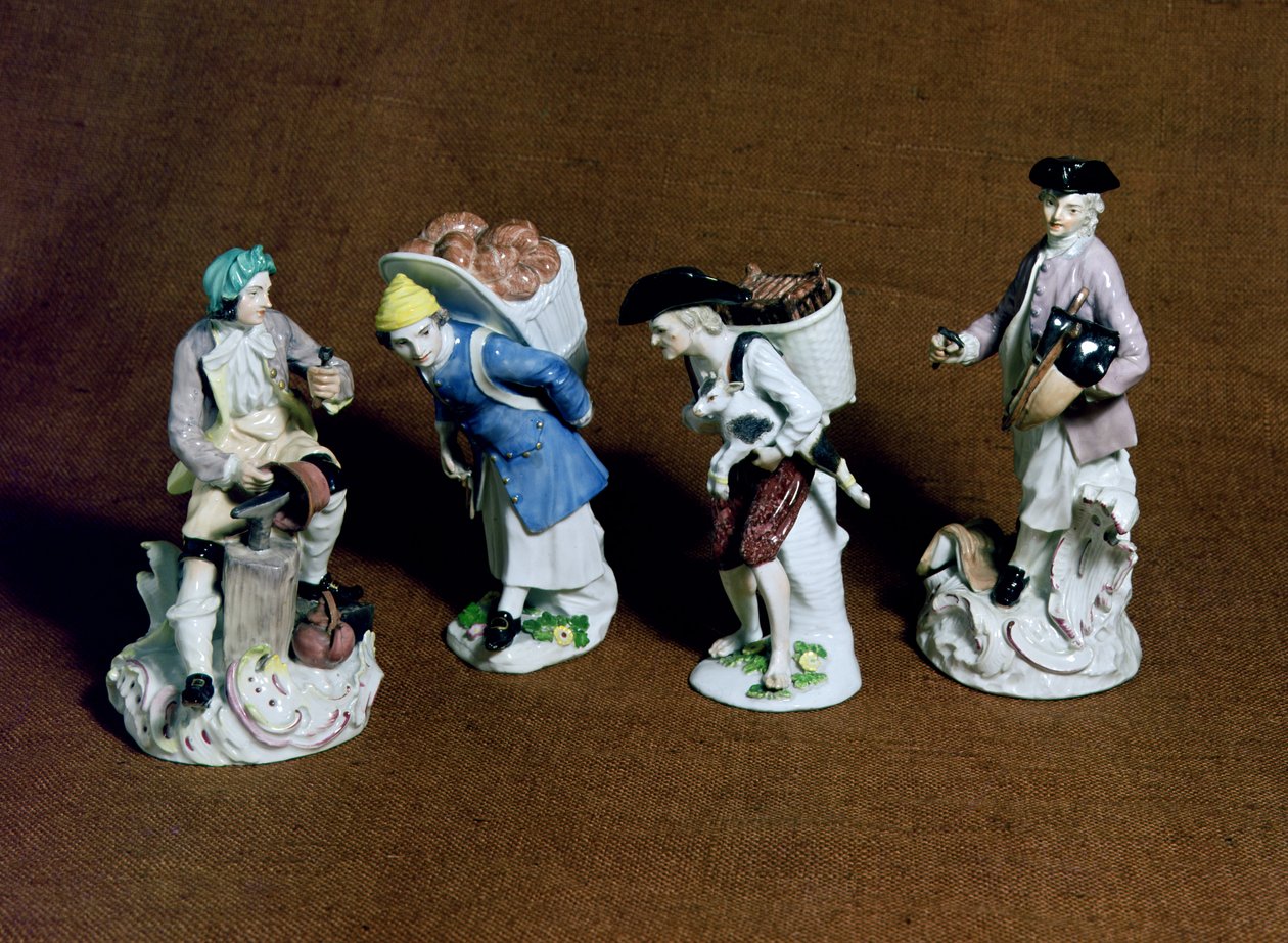 Figury miśnieńskie: rymarz, handlarz kóz i kotlarz, wzorowane przez Johanna Joachima Kandlera (1706-75) i piekarza Petera Reinickego (1715-68), ok. 1750 (porcelana) autorstwa German School