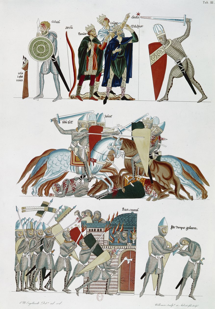 Ms Facs 227 pl.3 Mędrcy, bitwa pod Jozuem i oblężenie Dana, z Hortus Deliciarum Herrade de Landsberg, faksymile rękopisu z XII wieku (pióro i atrament i wc na papierze) autorstwa German School