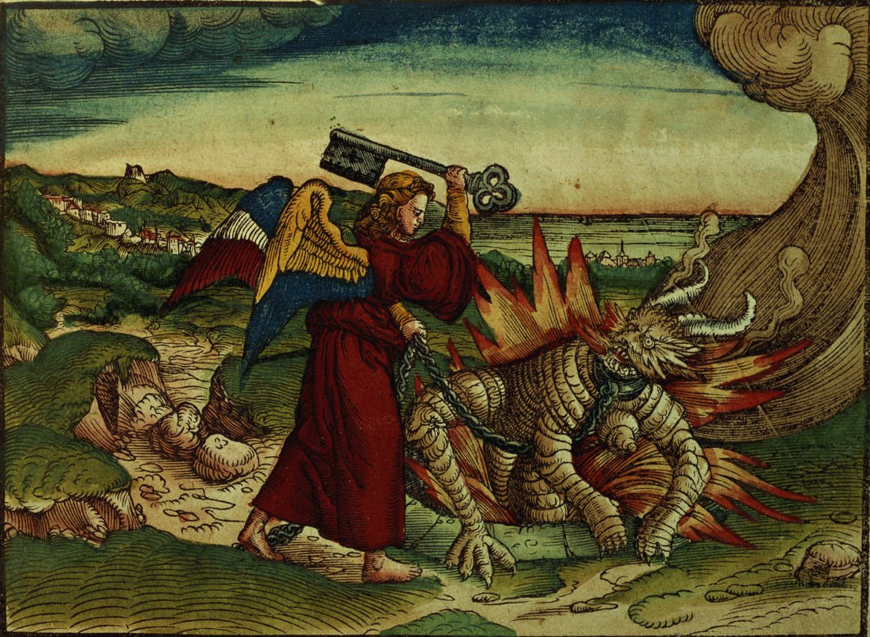 Objawienie 20:18 Klucz do dołu bez dna, wydanie I, z Biblii Lutra, ok. 1530 (kolorowy drzeworyt) autorstwa German School