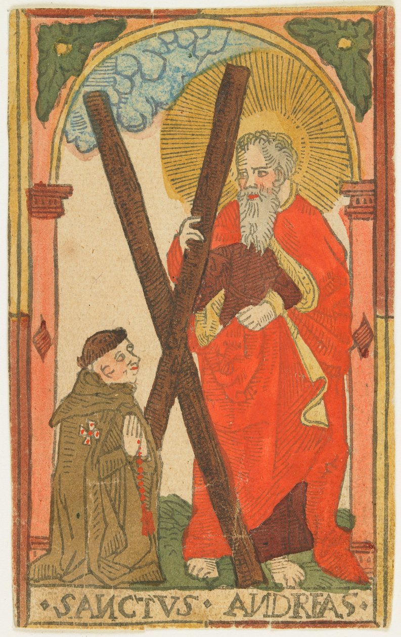 Św. Andrzej z mnichem (Elsass), ok. 1500 (drewno ręcznie barwiony) autorstwa German School